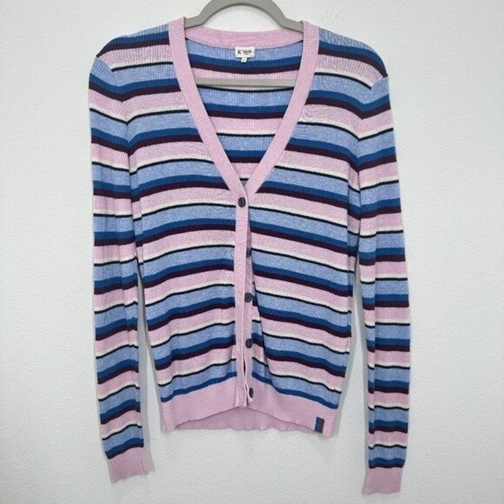 KULE Blue‎ Pink Striped Ribbed Cardigan Casual Classic Women's Size Small